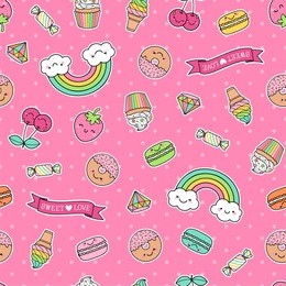 cute dessert patches seamless pattern on dot pink background
