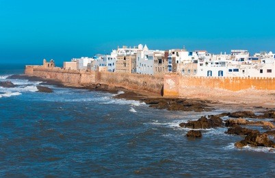 amazing panoramic view of essaouira ramparts aerial  in essaouira, morocco