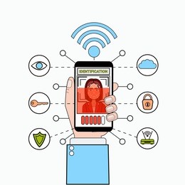 hand holding smart phone scanning female user face recognition and identification system biometrical identification concept vector illustration