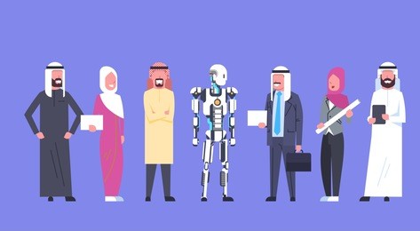 human and robot cooperation, arab business people group with modern robotic, artificial intelligence concept flat vector illustration