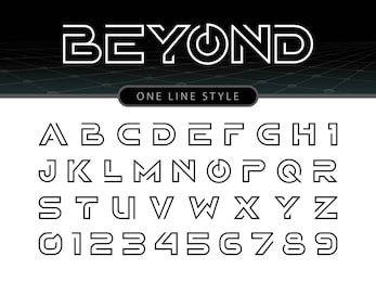vector of futuristic alphabet letters and numbers, one linear stylized rounded fonts, one single line for each letter, thin letters set for sci-fi, military.