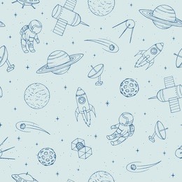 hand drawn vector seamless pattern with cosmonauts, satelites, rockets, planets, moon, falling stars and ufo. cosmic ornament on the light background.