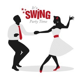 swing party time: silhouettes of young couple wearing retro clothes dancing swing or lindy hop
