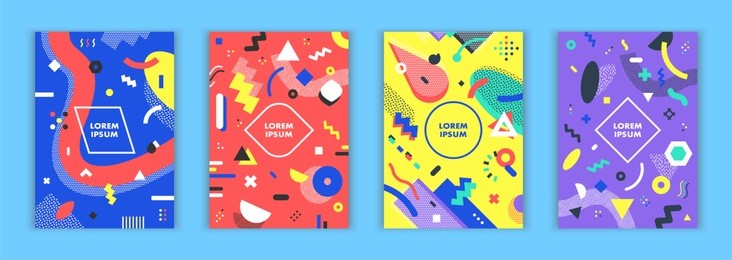 set of memphis style bright covers. abstract geometric art for a4 covers, banners, flyers and posters. eps10