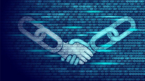 blockchain technology agreement handshake business concept low poly. icon sign symbol binary code numbers design. hands chain link internet hyperlink connection blue vector illustration