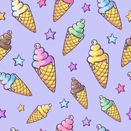 vetor bright pattern with ice cream and colorful stars on a violet background