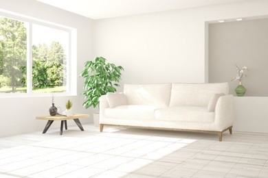 idea of white room with sofa and summer landscape in window. scandinavian interior design. 3d illustration