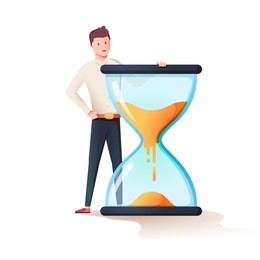 time management, control. vector illustration flat design. isolated on background. businessman stang near huge sandclock. organization of process. cute happy man have a lot of free time