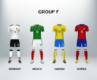mockup of group f football jersey. concept for soccer uniform of team that qualified to final round of football tournament in russia. vector illustrative