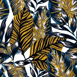 watercolor seamless pattern with tropical leaves: palms, monstera, passion fruit. beautiful allover print with hand drawn exotic plants. swimwear botanical design. vector.
