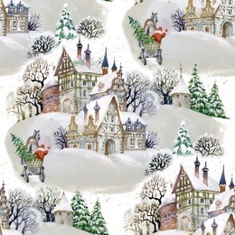watercolor seamless pattern with  winter landscape in the village 