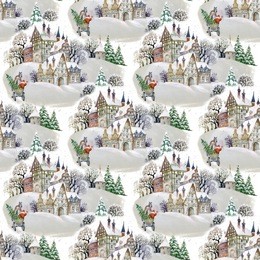 watercolor seamless pattern with  winter landscape in the village 