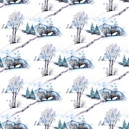 watercolor seamless pattern of  winter landscape with snowy houses