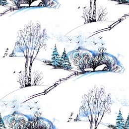 watercolor seamless pattern of  winter landscape with snowy houses