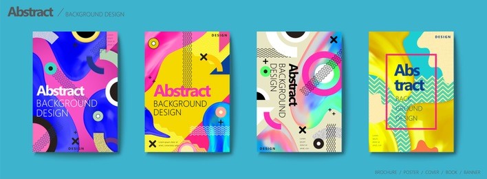 memphis and hipster style brochure, colorful geometric elements and fluid shapes design flyer set