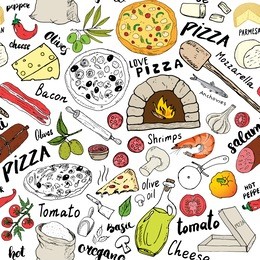 pizza seamless pattern hand drawn sketch. pizza doodles food background with flour and other food ingredients, oven and kitchen tools. vector illustration.