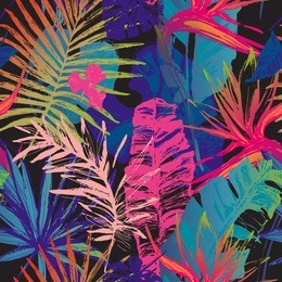 nature seamless pattern. hand drawn abstract tropical summer background : palm tree, fan palm, monstera, banana leaves, exotic flowers in grunge, gradient silhouette, line art. vector art illustration