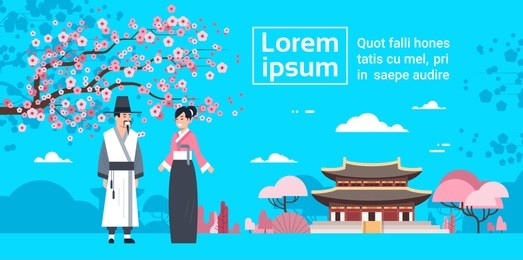 couplein traditional korea costumes over sakura blossom and korea palace landscape flat vector illustration