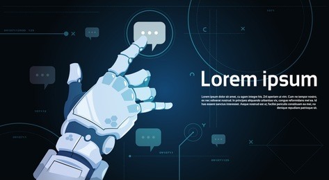 robotic hand touch chat bubble icon robots communication and artificial intelligence concept flat vector illustration