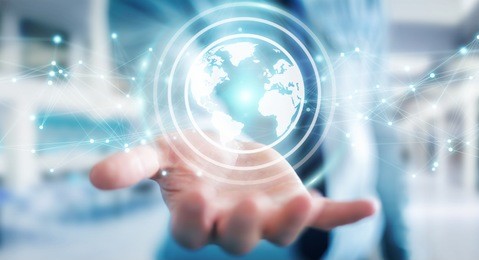 businessman on blurred background using planet earth network sphere interface 3d rendering