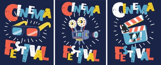 vector cartoon set of retro cinema posters and flyers collection. illustration of camera, 3d glasses, clapperboard. vintage movie signs layouts. promotional film  templates for ads or banners.