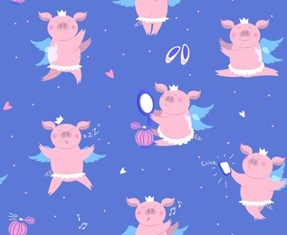 vector illustration of cute happy piggy princess in crown, wings and tutu. seamless pattern of funny piglet - pig makes selfie, sleeping pig, dancing pig, singing pig. illustration pattern for kids