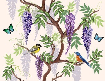 seamless vector floral summer pattern background with tropical japanese flowers, birds, butterflies, wisteria. perfect for wallpapers, web page backgrounds, surface textures, textile.