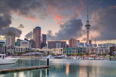 auckland. cityscape image of auckland skyline, new zealand during sunrise.