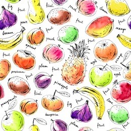 hand drawn ink sketch and watercolor stain fruits seamless pattern. apple, orange, fig, pineapple, pear, mango, lime, plum, apricot, peach, kiwi, banana, pomegranate, persimmon.
