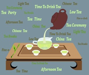 illustration of traditional chinese and japanese tea ceremony with teacups, teapot, creamer, wooden table on a grey background. stylish design of decor, poster, flyer, menu for tea store, restaurant