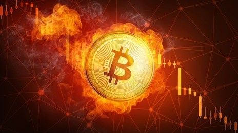 golden bitcoin coin in fire flame is falling. burning crypto currency bitcoin cash falling down, blockchain cryptocurrency market crash bubble burst concept. illustration isolated on black background.