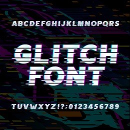 glitch alphabet font. oblique type letters and numbers on a glitched background. vector typeface for your headers or any typography design.
