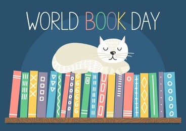 world book day. different color books with ornament on shelf with white cat sleeping on bookshelf on blue background. vector illustration.