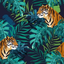 exotic seamless pattern. tropical leaves and tiger. vector illustration