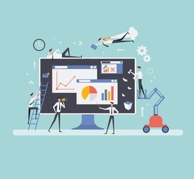 vector illustration. creative teamwork. people are building a business project on the internet. the monitor screen is a building site. collective performance of tasks.