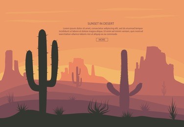 cactuse and mountains in desert landscape, sunset in cannon, background scene with stones and sand. flat cartoon vector illustration