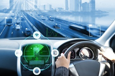 electric car or intelligent car.heads up display(hud).futuristic vehicle and graphical user interface(gui).self-driving mode , autonomous car, vehicle running self driving mode and a woman driver