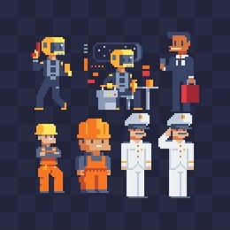 different profession set. pixel art 80's style. men characters. spacecraft pilot, businessman, builder and captain. isolated vector illustration.
