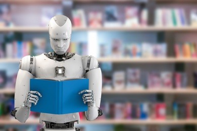 3d rendering humanoid robot reading a book in library