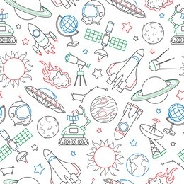 seamless pattern on the theme of space and space flight, icons drawn with colored marker on white background