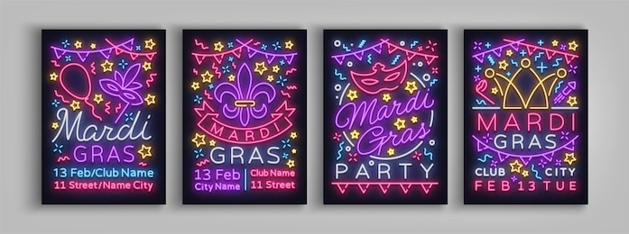 mardi game set design templates invitation. collection of posters in neon style neon sign bright brochure glowing banner, flyer, postcard invitations to fat tuesday. carnival. vector illustration