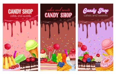 posters template with confectionery and sweets. dessert, lollipop, ice cream with candied, macaron and pudding. donut and cotton candy, muffin, waffles, biscuits and jelly.