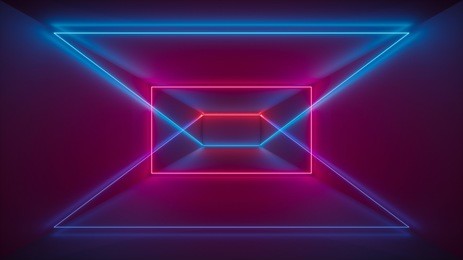 3d render, laser show, night club interior lights, red blue glowing lines, abstract fluorescent background, geometric shapes