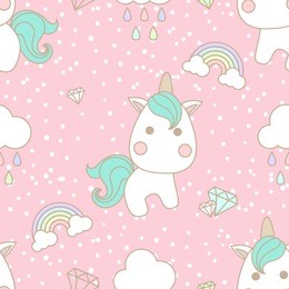 cute little unicorn decorated with rainbow, diamond and cloud seamless pattern on pink background with snow dot.