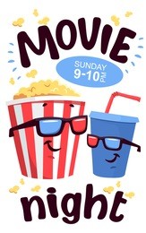 vector cartoon cinema poster, card or flyer. illustration of popcorn, 3d glasses, soda. promotional film templates for ads or banners.