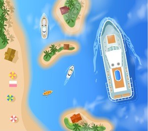 summer cruise vacation with islands and ship sea beach yacht palm clouds, vector illustration