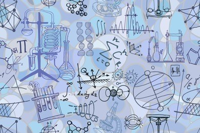 vector seamless pattern with sketch elements related to science or education. physics or chemistry abstract background with parts of decorative tools and diagrams on light blue board. hand drawn.