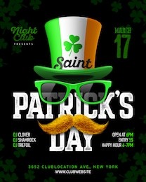 saint patrick's day, feast of saint patrick party poster design, 17 march celebration invitation with vintage lettering, leprechaun hat, green sunglasses and orange mustache, vector illustration 