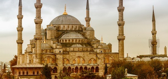 exterior view of blue mosque on a beautiful evening, istanbul.