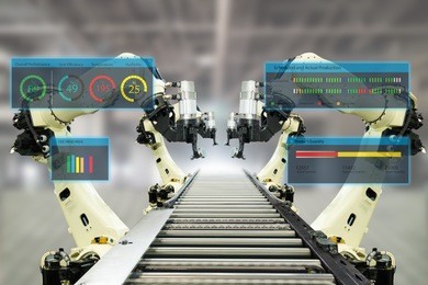 iot industry 4.0 concept.smart factory using automation robotic arms with augmented mixed virtual reality technology to show data with artificial intelligence user interface (ui) while operation line